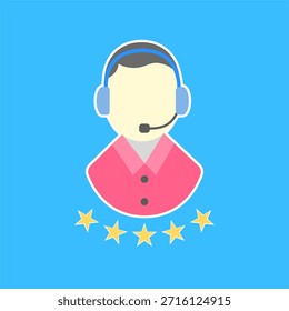 Icono de Servicio al cliente con auriculares y clasificación por estrellas a continuación, símbolo de Asistencia plana para el servicio superior, satisfacción del Cliente, centro de llamadas, mesa de ayuda y conceptos de comunicación comercial.