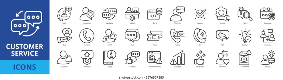 Customer service icon pack collection set with support, assistance, feedback, helpdesk, query, response, resolve, service, inquiry, resolution, care, contact, agent, chat, ticket, hotline