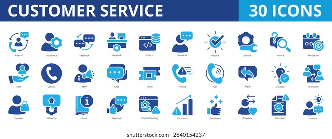 Customer service icon pack dual tone collection set with support, assistance, feedback, helpdesk, query, response, resolve, service, inquiry, resolution, care, contact, agent, chat, ticket, hotline