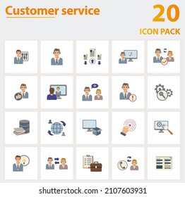 Conjunto de iconos de Servicio al cliente. Recopilación de elementos simples como la consola del agente, el centro de llamadas, la prioridad de casos, el servicio de atención al cliente, el servicio de asistencia, la base de conocimientos, la integración de la telefonía por computadora.