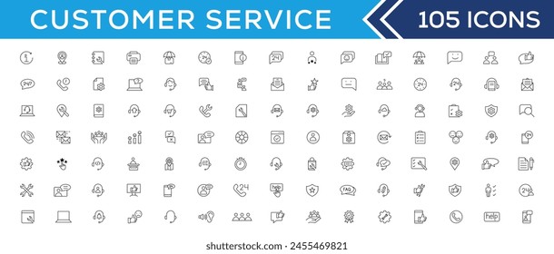 Customer service icon set. Containing customer satisfied, assistance, experience, feedback, operator and technical support icons. Thin outline icons pack.