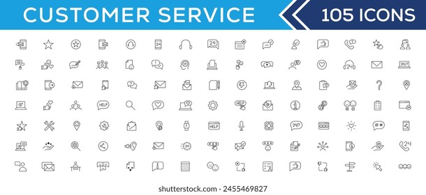 Customer service icon set. Containing customer satisfied, assistance, experience, feedback, operator and technical support icons. Thin outline icons pack.