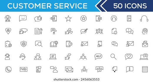 Kundenservice-Symbolsatz. Mit Kunde zufrieden, Unterstützung, Erfahrung, Rückmeldung, Bediener und technischen Support-Icons. Dünne Kontursymbole packen.