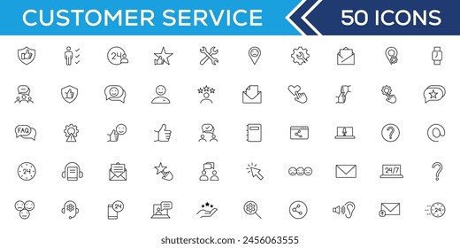 Customer service icon set. Containing customer satisfied, assistance, experience, feedback, operator and technical support icons. Thin outline icons pack.