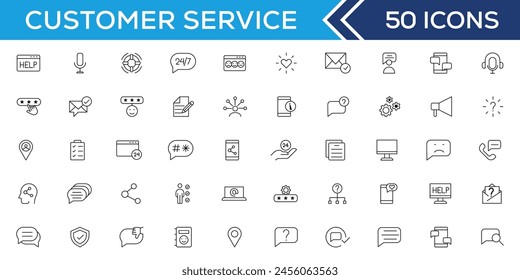 Customer service icon set. Containing customer satisfied, assistance, experience, feedback, operator and technical support icons. Thin outline icons pack.