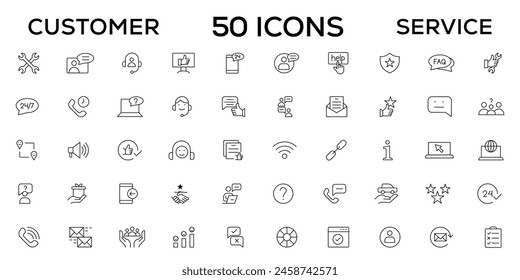 Conjunto de iconos de Servicio al cliente. Conteniendo iconos de Cliente satisfecho, asistencia, experiencia, Comentarios, operador y Asistencia técnica. Paquete de iconos de contorno fino.