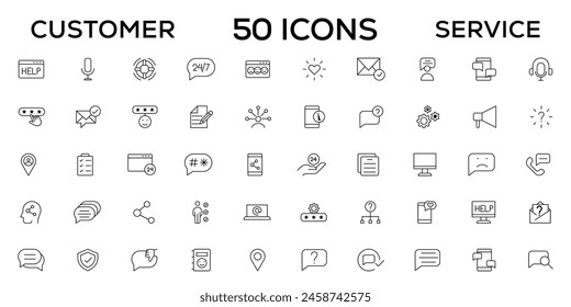 Customer service icon set. Containing customer satisfied, assistance, experience, feedback, operator and technical support icons. Thin outline icons pack.