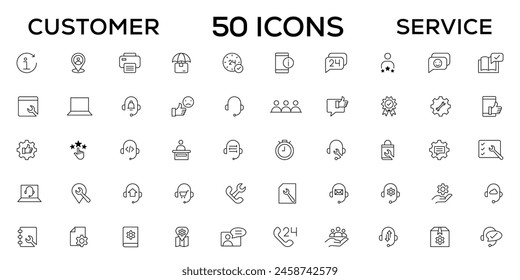 Customer service icon set. Containing customer satisfied, assistance, experience, feedback, operator and technical support icons. Thin outline icons pack.