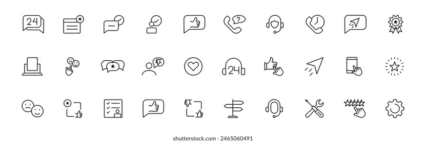 Customer service icon set. Containing customer satisfied, assistance, experience, feedback, operator and technical support icons. Thin outline icons pack.