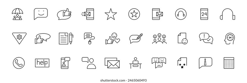 Customer service icon set. Containing customer satisfied, assistance, experience, feedback, operator and technical support icons. Thin outline icons pack.