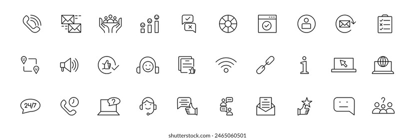 Kundenservice-Symbolsatz. Mit Kunde zufrieden, Unterstützung, Erfahrung, Rückmeldung, Bediener und technischen Support-Icons. Dünne Kontursymbole packen.