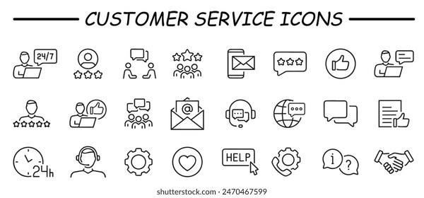 Conjunto de iconos de Servicio al cliente. Conteniendo iconos de Cliente satisfecho, asistencia, experiencia, Comentarios, operador y Asistencia técnica. Colección de iconos sólidos.