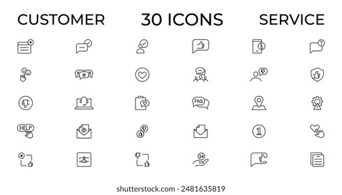 Conjunto de iconos de Servicio al cliente. Conteniendo iconos de Cliente satisfecho, asistencia, experiencia, Comentarios, operador y Asistencia técnica. Paquete de iconos de contorno fino.