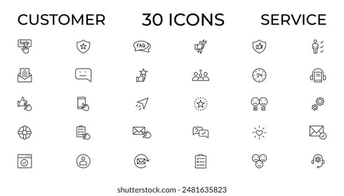 Conjunto de iconos de Servicio al cliente. Conteniendo iconos de Cliente satisfecho, asistencia, experiencia, Comentarios, operador y Asistencia técnica. Paquete de iconos de contorno fino.