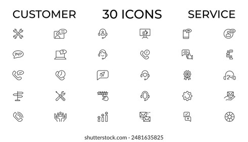 Customer service icon set. Containing customer satisfied, assistance, experience, feedback, operator and technical support icons. Thin outline icons pack.