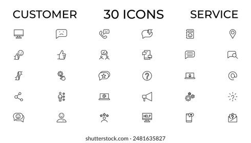 Customer service icon set. Containing customer satisfied, assistance, experience, feedback, operator and technical support icons. Thin outline icons pack.