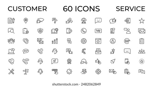 Kundenservice-Symbolsatz. Mit Kunde zufrieden, Unterstützung, Erfahrung, Rückmeldung, Bediener und technischen Support-Icons. Dünne Kontursymbole packen.