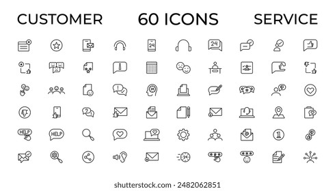 Customer service icon set. Containing customer satisfied, assistance, experience, feedback, operator and technical support icons. Thin outline icons pack.