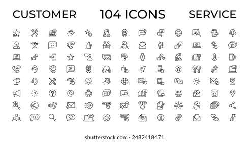 Kundenservice-Symbolsatz. Mit Kunde zufrieden, Unterstützung, Erfahrung, Rückmeldung, Bediener und technischen Support-Icons. Dünne Kontursymbole packen.