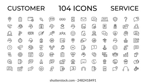 Conjunto de iconos de Servicio al cliente. Conteniendo iconos de Cliente satisfecho, asistencia, experiencia, Comentarios, operador y Asistencia técnica. Paquete de iconos de contorno fino.