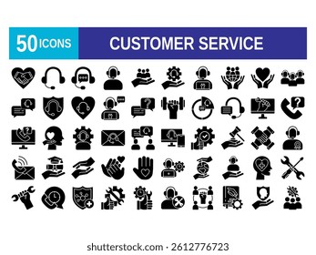 Customer service icon set. Containing customer satisfied, assistance, experience, feedback, operator and technical support icons. Solid icon collection.