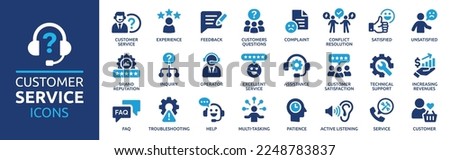 Customer service icon set. Containing customer satisfied, assistance, experience, feedback, operator and technical support icons. Solid icon collection.