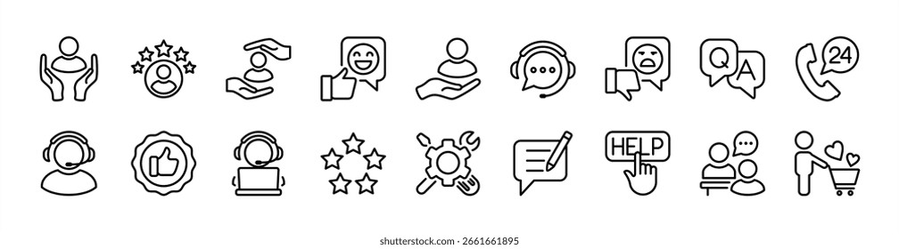 Conjunto de iconos de Servicio al cliente. Contiene Asistencia satisfecha, Comentarios del cliente, centro de llamadas de ayuda, experiencia, pregunta, queja. operador, asistencia y Asistencia técnica, Ilustración vectorial telefónica de contacto