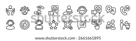 Customer service icon set. Contains satisfied support, client feedback, help call center, experience, question, complaint. operator, assistance and technical support, contact phone vector illustration