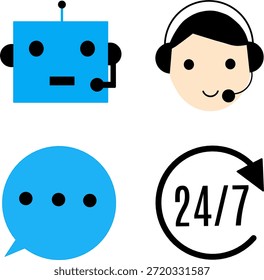 Customer service icon set featuring a modern AI chatbot, a support agent with a headset, a chat bubble, and a twenty four seven availability symbol in flat design style