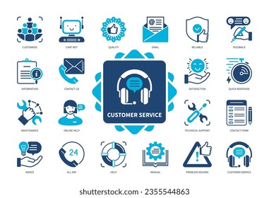 Customer Service icon set. Feedback, Maintenance, Advice, Quick Response, Information, Reliable, Problem Solving, Technical Support. Duotone color solid icons