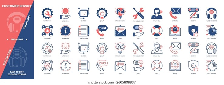 Customer Service icon set. Feedback, Maintenance, Advice, Quick Response, Information, Reliable, Problem Solving, Technical Support. Duotone color solid and editable outline icons