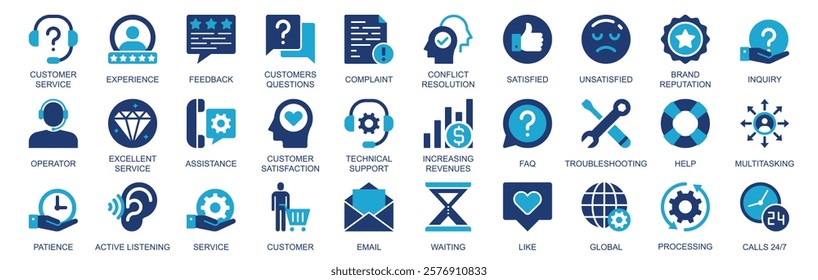 Customer service icon set in flat duotone solid icons web design. Pack pictograms with experience, feedback, question, conflict resolution, satisfied, brand reputation, other. Vector illustration.