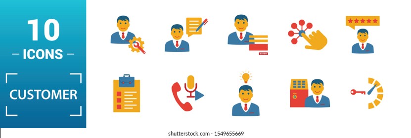Customer Service icon set. Include creative elements agent console, case priority, satisfaction, helpdesk, knowledge base icons. Can be used for report, presentation, diagram, web design.