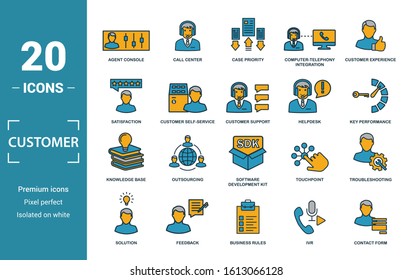 Customer Service icon set. Include creative elements agent console, case priority, satisfaction, helpdesk, knowledge base icons. Can be used for report, presentation, diagram, web design.