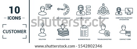 Customer Service icon set. Include creative elements agent console, case priority, satisfaction, helpdesk, knowledge base icons. Can be used for report, presentation, diagram, web design.