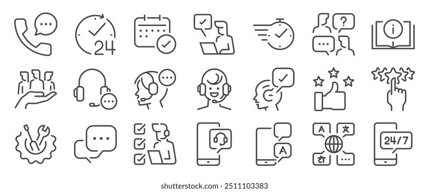 Customer service icon set. It included support, customer, help desk, satisfaction, and more icons. Editable Vector Stroke.