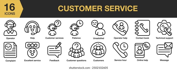 Symbolsatz für den Kundendienst. Umfasst Beschwerden, Feedback, Hilfe, Online-Hilfe, Service-Stunden und mehr. Gliederungssymbole, Vektorsammlung.