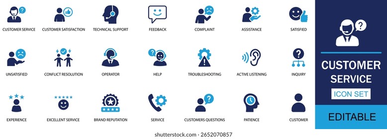 Conjunto de iconos de Servicio al cliente. Perfecto para centros de Asistencia, formularios de Comentarios, preguntas frecuentes, mostradores de ayuda, paneles de CRM, sistemas de chat e imágenes de solución de problemas técnicos.