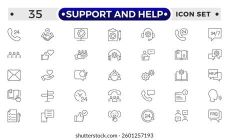 Customer service icon set. Support and Help outline icon set. Containing customer satisfied, assistance, experience, feedback, operator and technical support icons. 
