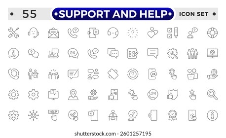 Customer service icon set. Support and Help outline icon set. Containing customer satisfied, assistance, experience, feedback, operator and technical support icons. 
