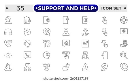 Customer service icon set. Support and Help outline icon set. Containing customer satisfied, assistance, experience, feedback, operator and technical support icons. 
