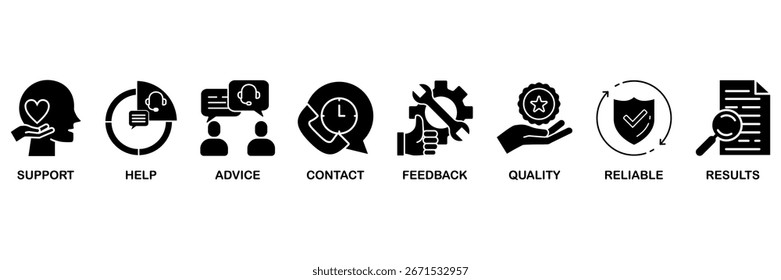 Kundenservice Icon Set Vektorgrafik-Konzept mit Icon für Support, Hilfe, Beratung, Kontakt, Feedback, Qualität, zuverlässig, Ergebnisse
