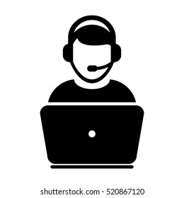 Customer Service Icon - User With Laptop Computer & Headphone Vector Illustration