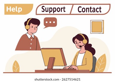 Customer service icons with call center agents wearing headphones, representing support, help, and contact services. Perfect for service-oriented businesses and customer care platforms.