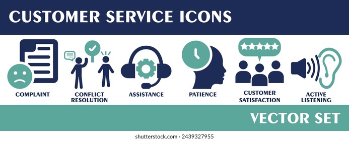 Customer service icons. Containing complaint, conflict resolution, assistance, patience, customer satisfaction, active listening, Solid icon collection. Vector set.