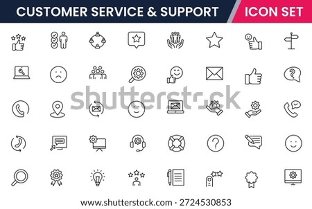 Customer service icons depicting support, assistance, communication, call centers, help desks, satisfaction, feedback, solutions, responsiveness.

