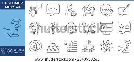 Customer service icons set. 18 line icons. Vector editable stroke. Call, question, support, chatbot, FAQ.