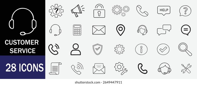Conjunto de 28 ícones de arte de linha minimalista modernos para suporte, ajuda e experiência do usuário