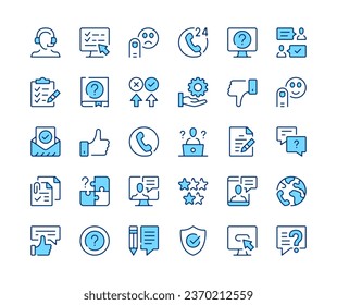 Iconos de servicio al cliente establecidos. Iconos de la línea del vector. Símbolos de trazo de contorno de color azul. Conceptos modernos