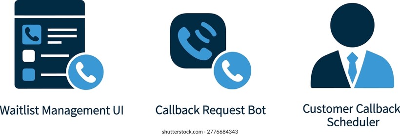 Customer service icons: waitlist manager callback bot call center agent with customer care waitlist callback communication information interface technology business assistance
